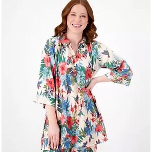 Cuddl Duds Lightweight Knit Top Sz L Caftan Tunic Shirt Pink Floral Comfy Travel